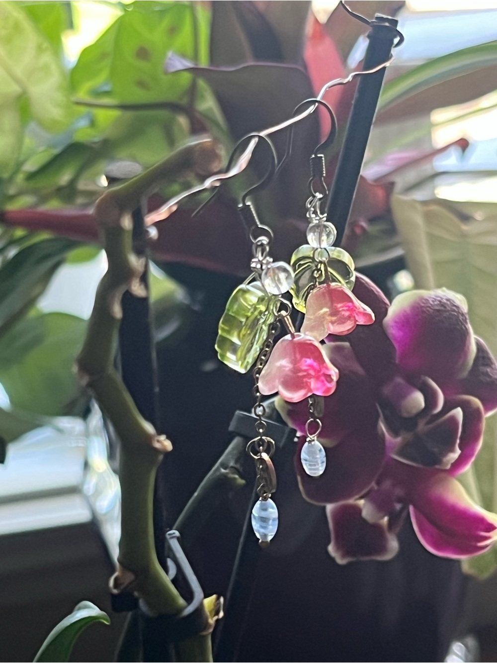 Pink and Green Floral Dangle Earrings with Crystal Drops glass beads